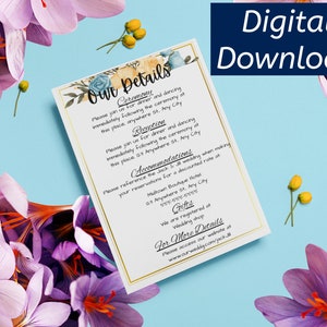 May include: A white wedding invitation card with gold trim and floral accents. The card includes details for the ceremony, reception, accommodation, and gifts. The text on the card reads "Our Details", "Ceremony", "Reception", "Accommodation", "Gifts", and "For More Details".