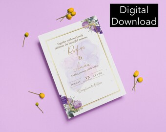 Purple Floral Wedding Invite, Modern Elegant Design (Digital Download)