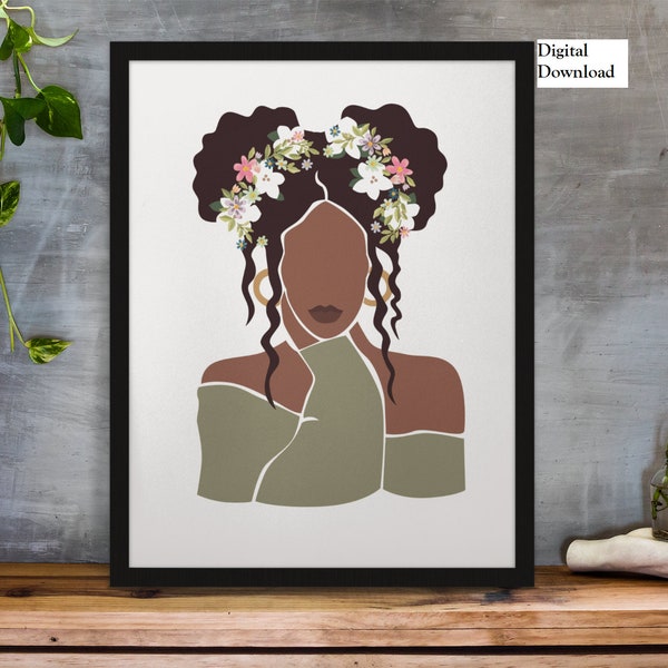 Beautiful Woman Art, Head Of Flowers Female Wall Art, Woman Head Flower Art Print, Flower Head Woman Poster, African American Woman Art