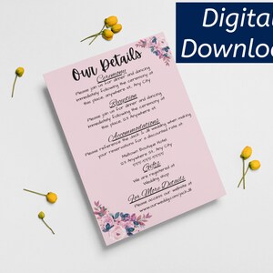 Puede incluir: Invitación de boda rosa con diseño floral. La invitación incluye detalles para la ceremonia, la recepción, el alojamiento y los regalos. El texto dice "Nuestros detalles", "Ceremonia", "Recepción", "Alojamiento", "Regalos" y "Para más detalles".