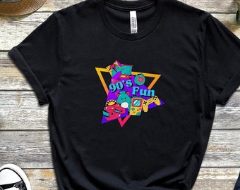 May include: Black t-shirt with a graphic of a triangle filled with 90's themed icons and the text "90's Fun".
