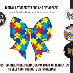 Autism Awareness Bow PNG: Puzzle Ribbon Design (Digital Download)