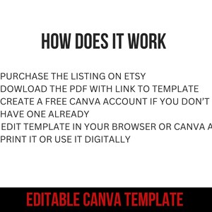 Puede incluir: Un gr&aacute;fico de texto en blanco y negro sobre un fondo blanco con el texto "HOW DOES IT WORK" en letras grandes y negritas. Debajo del texto hay cinco pasos numerados para usar una plantilla de Canva editable: 1. Compra la lista en Etsy, 2. Descarga el PDF con el enlace a la plantilla, 3. Crea una cuenta gratuita de Canva si a&uacute;n no tienes una, 4. Edita la plantilla en tu navegador o en la aplicaci&oacute;n Canva, 5. Impr&iacute;mela o &uacute;sala digitalmente. Debajo de los pasos est&aacute; el texto "EDITABLE CANVA TEMPLATE" en letras grandes y negritas.