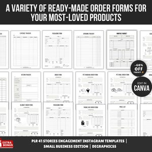 May include: A collection of ready-made order forms for various products. The forms include expense trackers, order forms, and budget sheets. The image also includes the text "-60% OFF TODAY!" and "EDIT IN CANVA".