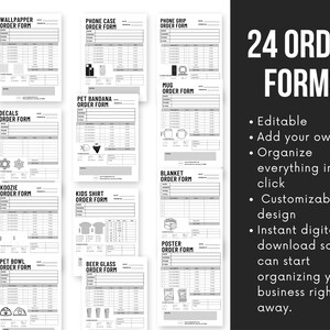 Puede incluir: Un conjunto de 24 formularios de pedido imprimibles para diversos productos, que incluyen papel tapiz, fundas para tel&eacute;fonos, calcoman&iacute;as, bandanas para mascotas, koozies, camisas para ni&ntilde;os, tazas, mantas, tazones para mascotas, vasos de cerveza y p&oacute;sters. Los formularios son en blanco y negro y presentan un dise&ntilde;o simple con espacio para los detalles del producto, la informaci&oacute;n del cliente y las notas del pedido. El texto "24 FORMULARIOS DE PEDIDO" se muestra en letras grandes y negritas en la parte superior de la imagen.