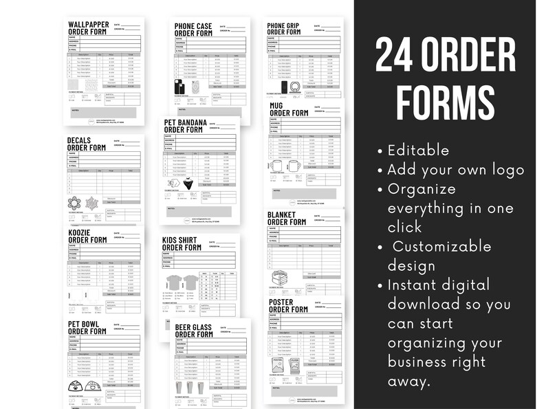 Puede incluir: Un conjunto de 24 formularios de pedido imprimibles para diversos productos, que incluyen papel tapiz, fundas para tel&eacute;fonos, calcoman&iacute;as, bandanas para mascotas, koozies, camisas para ni&ntilde;os, tazas, mantas, tazones para mascotas, vasos de cerveza y p&oacute;sters. Los formularios son en blanco y negro y presentan un dise&ntilde;o simple con espacio para los detalles del producto, la informaci&oacute;n del cliente y las notas del pedido. El texto "24 FORMULARIOS DE PEDIDO" se muestra en letras grandes y negritas en la parte superior de la imagen.