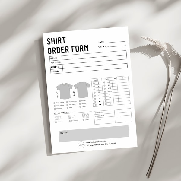 Custom T-Shirt Order Tracking Form Canva | Editable Shirt Sales Form Order Tracker | Printable Small Business Shirt Purchase Sale Order Form