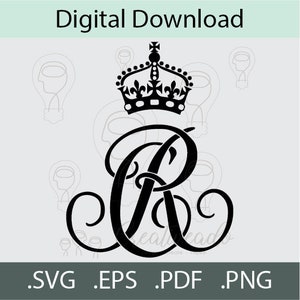 May include: Black and white digital download of a stylised royal crown and the letters "R" and "C" intertwined.
