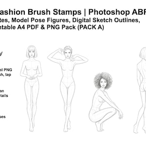 May include: A digital collection of 30 Procreate fashion brush stamps and Photoshop ABR files featuring croquis templates, model pose figures, and digital sketch outlines. Includes printable A4 PDF and PNG files for fashion design and illustration.