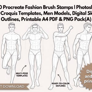 Pode incluir: Uma coleção digital de 30 carimbos de pincel de moda para Procreate e modelos de croquis ABR para Photoshop com contornos de modelos masculinos. Inclui arquivos PDF A4 imprimíveis e PNG para esboços digitais, mostrando várias poses.