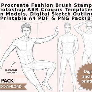 以下が含まれることがあります： 10種類のProcreateブラシスタンプとPhotoshop ABRクロッキーテンプレートを含むデジタルファッションデザインリソース。様々なポーズの男性モデルのデジタルスケッチアウトラインが含まれており、ファッションイラスト用に印刷可能なA4 PDFおよびPNGファイルとして利用可能です。