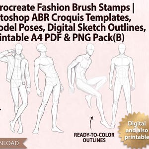 Puede incluir: Una colección digital de 30 sellos de pincel de moda para Procreate y plantillas de croquis ABR para Photoshop con poses de modelos masculinos y contornos digitales. Incluye archivos PDF A4 y PNG imprimibles para plantillas y contornos.