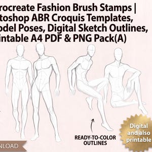 Puede incluir: Una colección digital de 30 sellos de pincel de moda para Procreate y plantillas de croquis ABR para Photoshop con poses de modelos masculinos. El set incluye contornos digitales en formatos PDF A4 imprimible y PNG, listos para colorear.