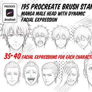 May include: A digital collection of 195 Procreate brush stamps featuring manga-style character heads with various dynamic facial expressions. The set includes line art illustrations of characters with different hairstyles, earrings, and emotions.