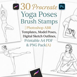 30 Yoga Pose Stamps for Procreate & Photoshop -  Figure Reference, Athletic Fashion Illustration Guides, PNG and printable PDF Pack A