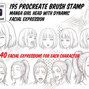 May include: A digital collection of 195 Procreate brush stamps featuring manga girl heads with dynamic facial expressions. The set includes various character styles with 35-40 distinct facial expressions for each character, displayed in black and white line art.