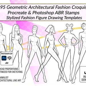 Può includere: Una collezione digitale di 95 modelli di croquis di moda geometrici e architettonici per Procreate e Photoshop. L'immagine mostra sei figure in bianco e nero in varie pose, insieme a icone di compatibilità software e testo.