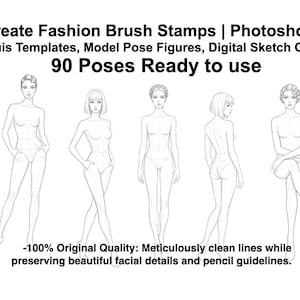 Könnte beinhalten: Procreate Fashion Brush Stamps | Photoshop ABR Croquis Templates, Model Pose Figures, Digital Sketch Outlines, 90 Poses Ready to use. Sieben schwarz-weiße Strichzeichnungen von menschlichen Figuren in verschiedenen Steh- und Gehposen.