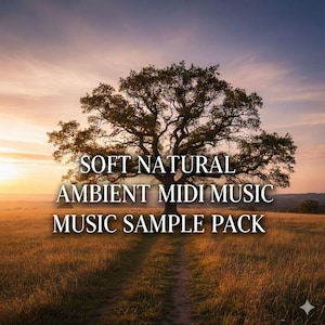 May include: A scenic landscape featuring a large tree in the center, with the text "SOFT NATURAL AMBIENT MIDI MUSIC MUSIC SAMPLE PACK" overlaid. The sky transitions from orange to purple, with a path leading towards the tree.