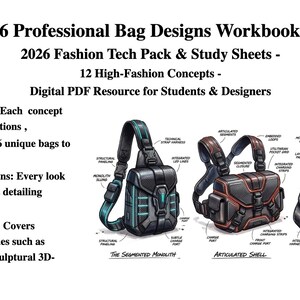 May include: Digital PDF resource for students and designers featuring 36 professional bag designs. The image showcases three bag designs with detailed technical breakdowns and construction techniques. The text includes "36 Professional Bag Designs Workbook" and "2026 Fashion Tech Pack & Study Sheets."