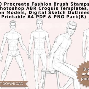 Pode incluir: Uma coleção digital de 30 carimbos de pincel de moda para Procreate e modelos de croquis Photoshop ABR com contornos de modelos masculinos. O conjunto inclui arquivos PDF e PNG imprimíveis em formato A4 para ilustrações de moda.