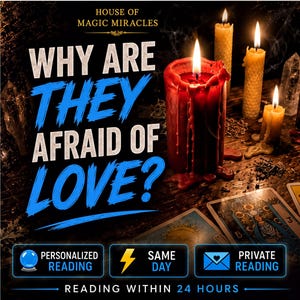 Può includere: Una candela rossa con cera sciolta, tre candele di cera d'api gialla e carte dei tarocchi su una superficie di legno scuro. Il testo recita: HOUSE OF MAGIC MIRACLES, WHY ARE THEY AFRAID OF LOVE?, PERSONALIZED READING, SAME DAY, PRIVATE READING, READING WITHIN 24 HOURS.