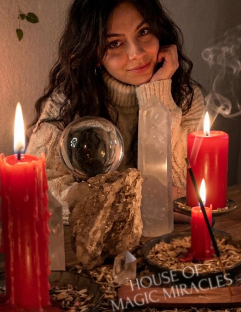 May include: A collection of items including three red pillar candles, a clear glass crystal ball, a tall clear quartz point, a raw mineral cluster, and a burning incense stick. The text House of Magic Miracles is printed at the bottom.