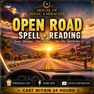 May include: A digital graphic featuring a road stretching toward a sunset with text reading HOUSE OF MAGIC & MIRACLES, OPEN ROAD SPELL + READING, Remove Blockages, Clear Obstacles, Open New Opportunities, New Beginnings, Success, Good Things Ahead.