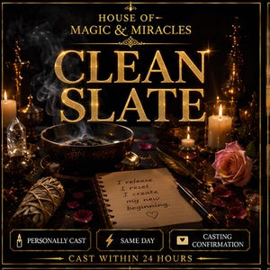 May include: A black background graphic with gold text reading HOUSE OF MAGIC & MIRACLES CLEAN SLATE. A notebook displays the text I release. I reset. I create my new beginning. with a heart icon, alongside a smoking bowl, candles, and a rose.