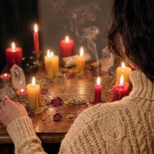 May include: A wooden table surface arranged with multiple lit red and yellow pillar candles, small tea lights, clear quartz crystals, and scattered dried flower petals. A thin trail of smoke rises from the center of the circular arrangement.