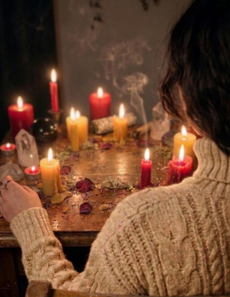 May include: A wooden table surface arranged with multiple lit red and yellow pillar candles, small tea lights, clear quartz crystals, and scattered dried flower petals. A thin trail of smoke rises from the center of the circular arrangement.