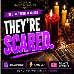 Może przedstawiać: Grafika promocyjna dla House of Magic Miracles z tekstem Brutal Truth Readings oraz They're Scared. Obraz przedstawia dużą czerwoną świecę, mniejsze żółte świece, karty tarota i kryształy na ciemnej drewnianej powierzchni.