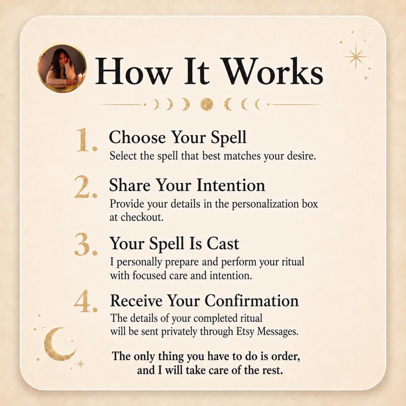 The image is a step-by-step guide on how to use a spell, with a woman in the background.
