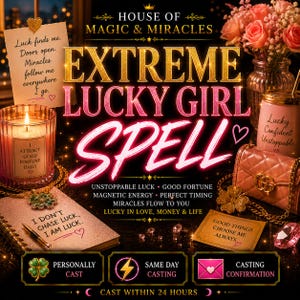 Puede incluir: Un gráfico digital titulado House of Magic & Miracles Extreme Lucky Girl Spell. Incluye texto sobre la suerte, una vela con etiqueta, un bolso acolchado rosa, un cuaderno con bolígrafo, una tarjeta pequeña y flores rosas en un florero.