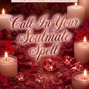 May include: A digital graphic featuring the text TRUSTED SELLER at the top and COMPLETED WITHIN 24HRS at the bottom. The centre text reads Call In Your Soulmate Spell. The background displays red rose petals, lit white candles, and red hearts.