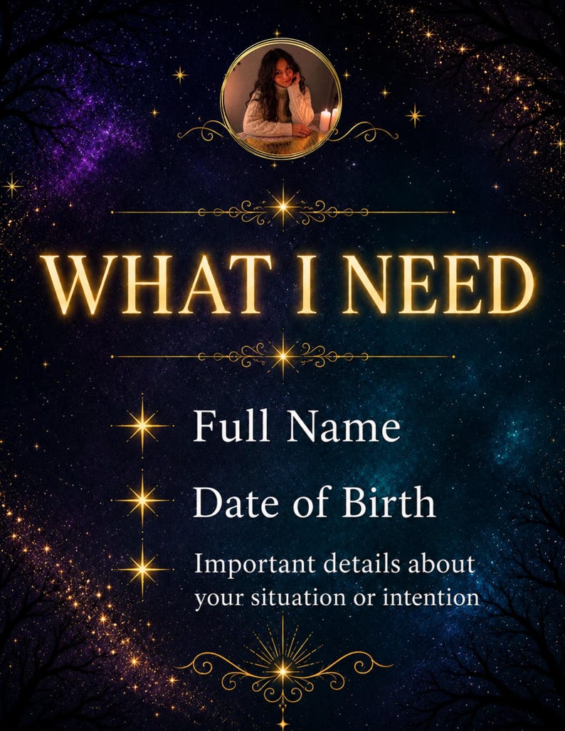 May include: A dark blue and purple galaxy-themed digital graphic with gold text reading WHAT I NEED, Full Name, Date of Birth, and Important details about your situation or intention. A circular photo of a person sits at the top center.