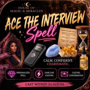Puede incluir: Una grabadora de voz digital, una piedra de ágata azul, un racimo de cristales amarillos, un reloj de arena y una botella de aceite etiquetada CONFIDENCE REMETER OIL. La imagen incluye texto como HOUSE OF MAGIC & MIRACLES, ACE THE INTERVIEW Spell y CALM. CONFIDENT. CHARISMATIC.