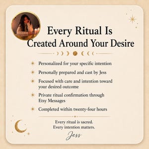The image is a poster with a woman's face in the center, surrounded by text that describes the concept of "Every Ritual Is Created Around Your Desire".