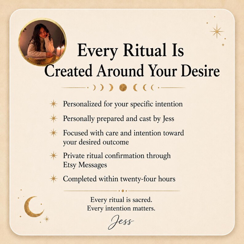 The image is a poster with a woman's face in the center, surrounded by text that describes the concept of "Every Ritual Is Created Around Your Desire".