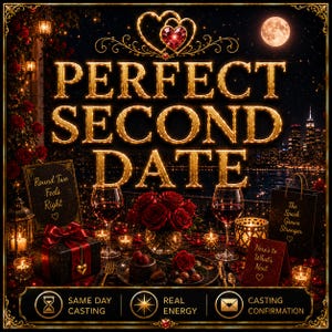 Peut inclure: Une scène romantique avec le texte PERFECT SECOND DATE en lettres dorées, deux verres à vin, un bouquet de roses rouges, un coffret cadeau avec un ruban rouge et des panneaux avec le texte Round Two Feels Right et The Spark Grows Stronger.