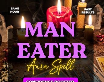 May include: A collection of lit candles in red and yellow hues, including a large central red candle, surrounded by scattered herbs and tarot cards. The image features text that reads SAME HOUR, FAST RESULTS, MAN EATER Aura Spell, and CONFIDENCE BOOSTER.
