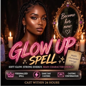 May include: A digital graphic featuring a person with braided hair, a mirror, and candles. Text reads: Become her now, GLOW UP SPELL, main character energy, SOFT GLOW. STRONG ENERGY. MAIN CHARACTER ENERGY. PERSONALIZED SPELL, SAME DAY CASTING, CASTING CONFIRMATION, CAST WITHIN 24 HOURS.