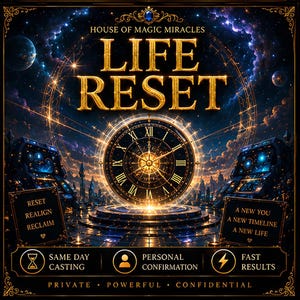 May include: A digital graphic featuring the text HOUSE OF MAGIC MIRACLES LIFE RESET. It displays a central clock face, celestial background, and two rectangular panels with text including RESET REALIGN RECLAIM and A NEW YOU A NEW TIMELINE A NEW LIFE.