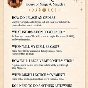 a list of questions and instructions related to the "House of Magic & Miracles", including information about placing orders, receiving confirmations, and noticing movement.