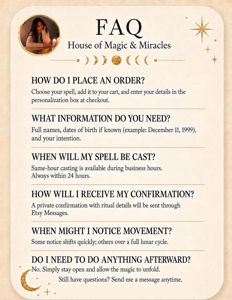 a list of questions and instructions related to the "House of Magic & Miracles", including information about placing orders, receiving confirmations, and noticing movement.
