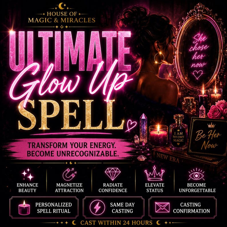 May include: A digital graphic featuring the text House of Magic & Miracles and Ultimate Glow Up Spell in pink and gold. It includes a mirror with the text She chose her now, a perfume bottle labeled I Am My Own Magic, candles, and crystals.
