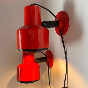 1970s Red Wall Lamps: ENCO Sweden, Space Age Bedside Sconces