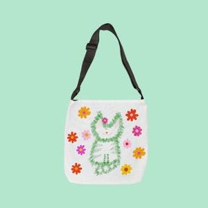 Cute Cat Tote Bag Featuring Green Thumb Kitty with Adjustable Strap and Zip Closure