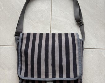 Vintage Marimekko Striped Navy Gray Shoulder Bag 30x25x10cm Crossbody Messenger Bag with Zipper Pocket Minimalist Unisex Design Scandi