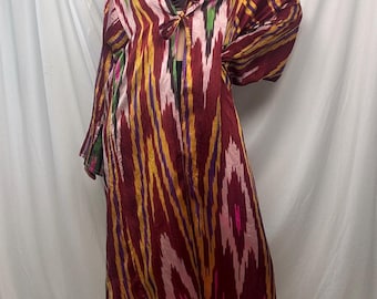 Vintage 100% Silk Ikat Robe | Handwoven Bohemian Kaftan | Colorful Uzbek Ikat Kimono Duster